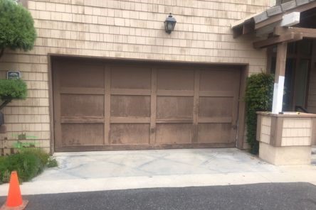 Side-by-side comparison showing the dramatic improvement from the old garage door to the new installation on a Dallas home.